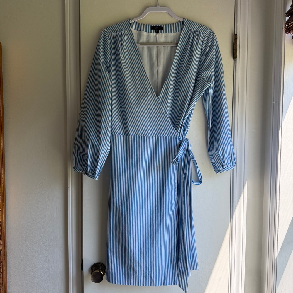 J.Crew Womens Blue White Striped Cotton Wrap Dress Pockets Size 12